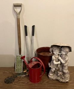 lot 100 image: Eight Piece Gardening LOT - Red Water Can, Garden Statue