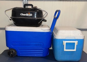 lot 102 image: Portable Char-Broil Charcoal Grill and Two Coleman Coolers