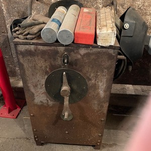 lot 46 image: Vintage Welding LOT - Arc Welder, Welding Rods, Three Helmets, Gloves