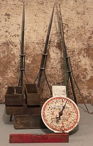 lot 4 image: Vintage LOT - Four Wooden Boxes, Hanging Scale, Lightning Rods, Small Level