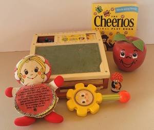 lot 143 image: Vintage Toddler Toys Fisher Price Desk, Happy Apple, Nursery Rhyme Doll
