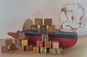 lot 149 image: Vintage Wood Rocking Dog Toy and Wood Blocks