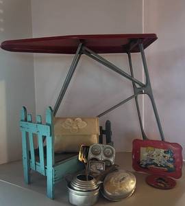 lot 186 image: Vintage Doll Toys - Ohio Art, Aluminum Mini Ironing Board, Clothes Crib, Utensils, Wooden Crib