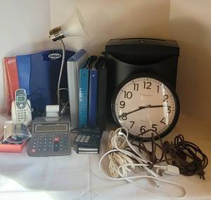 lot 188 image: Office LOT - Clock, Lamp, Shredder, LG Smartwatch Bands, Calculators, 3-Ring Binders