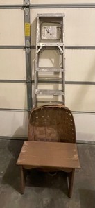 lot 105 image: Six Foot Aluminum Ladder, Large Basket, Wooden Stool