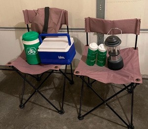 lot 238 image: Seven Piece Camping LOT - Canvas Folding Chairs, Mini Coolers, Lantern, Water Bottles