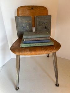 lot 208 image: Vintage Childs School Chair and School Books