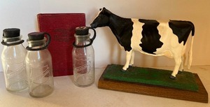 lot 212 image: Vintage Cow Figure, Milk Testing Bottles by Mojonnier Bros. Co. and Vintage Agriculture Book
