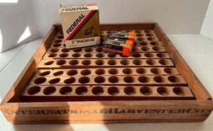 lot 221 image: Handmade Vintage Shotgun Shell Reloading Tray International Harvester Box Repurposed