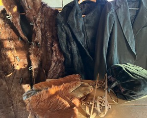 lot 237 image: AntiqueVintage Fur Coats, Fur and Leather Mitten, Muff, Wool Jacket with Tails and Metal Skates