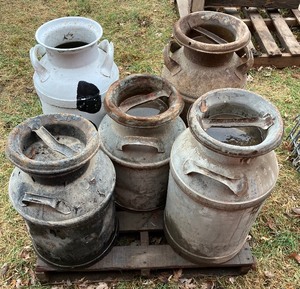 lot 277 image: Five Vintage Steel Milk Cans