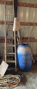 lot 287 image: Two Wooden Ladders, Extension Cords, Apple Picker, Tile Trawel
