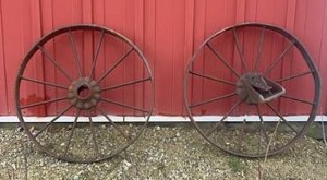lot 262 image: Two Vintage Steel Wagon Wheels