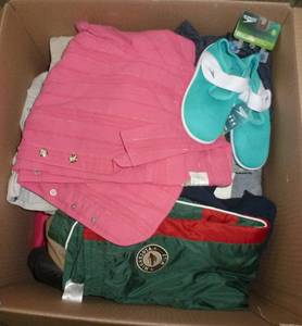 Box full of clothing, various sizes, mostly new some like new