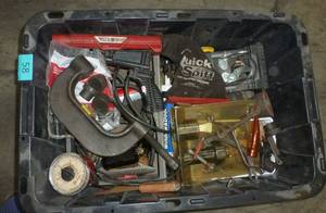 Tote full of misc garage items, tools