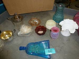 Box of vintage glassware, including hobnail and even Belleek