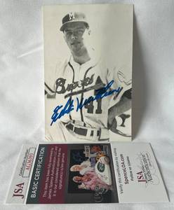 lot 20B image: Eddie Mathews Signed 3x5 Post Card with JSA COA - Vintage Baseball