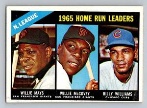 lot 20C image: Willie Mays  Willie McCovey  Billy Williams 1966 Topps NL HR Leaders #217 Vintage Baseball Card