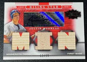 lot 16A image: Justin Morneau RARE 99 Triple Relic Auto 2007 Topps Rising Star Triple-Threads #128 Minnesota Twins Baseball Card