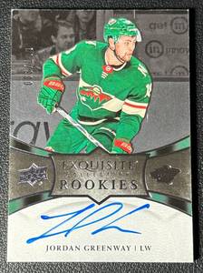 lot 64A image: Jordan Greenway RC Auto 100 2018-19 UD Exquisite Hockey Collection Platinum Rookies #R8 Minnesota Wild Hockey Card