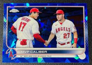 lot 72A image: Shohei Ohtani and Mike Trout Sapphire Topps Chrome 2022 MVP Caliber #US115 Baseball Card