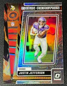lot 86A image: Justin Jefferson Silver Holo Insert 2023 Donruss Optic Chain Reaction #CR-JJ Minnesota Vikings Football Card