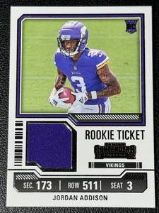 lot 105A image: Jordan Addison RC Relic 2023 Contenders #TS20 Rookie Ticket Minnesota Vikings Football Card