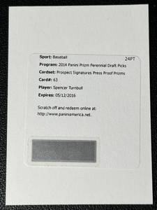 lot 55C image: Redemption Card Spencer Turnbull Auto 2016 Prizm Perennial Draft Picks #63 Prospect Signatures Press Proof Prizm Baseball Card