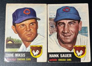 lot 156A image: 1953 Topps 2 Card Chicago Cubs Lot Hank Sauer #111 and Eddie Miksis #39 Vintage Baseball Cards