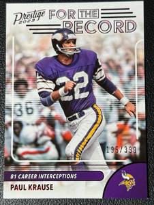 lot 177A image: Paul Krause 399 2023 Prestige For The Record, numbered 195399, Minnesota Vikings Football Card