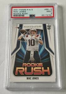 lot 193B image: Mac Jones RC PSA 9 Mint 2021 Rookies & Stars Rookie Rush #RR-5 Football Card