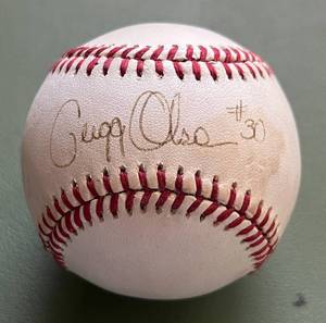 lot 26E image: Gregg Olsen Signed Rawlings OALB Brown Baseball