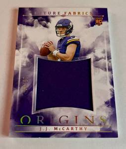 lot 1D image: JJ McCarthy RC Relic 99 2024 Origins Future Fabrics #FF-JMC, numbered 1099, Rare Minnesota Vikings Football Card
