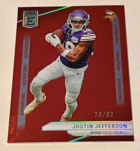 lot 3E image: Justin Jefferson 82 2024 Donruss Elite Red Aspirations #62, numbered 7992, Minnesota Vikings Football Card