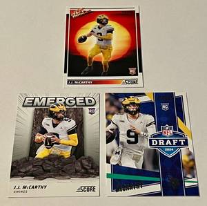 lot 22E image: JJ McCarthy 3 Card Score RC Inserts Rookie Minnesota Vikings Football Cards