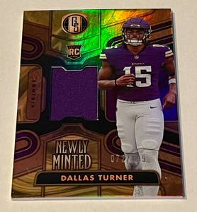 lot 27E image: Dallas Turner Relic RC 499 2024 Gold Standard Newly Minted Patch, numbered 072499, Rookie Minnesota Vikings Football Card