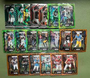 lot 78 image: 2023 Prizm Football - 2- Card Lot Orange, Emergent, Green Snake Skin, Insert, Rookies, and Stars