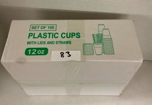 100 - 12 oz Plastic cups with lids and straws.