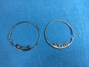 lot 51 image: Jay-Aimee Designs 14K Yellow Gold Over Brass Personalized Name Kylie Hoop Earrings