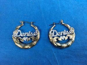 lot 52 image: 18K Gold and Rhodium Over Sterling Silver Personalized Bamboo-Design Denise Hoop Earrings