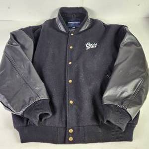 Mens Coors Light WoolLeather Black Bomber Jacket Size Large Zip Out Liner Great Condition