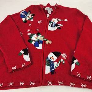 Womens Full Zip Red Snowman Sweater Size Medium Good Condition