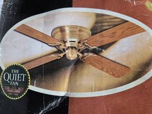 lot 17 image: Low Profile II 52 Ceiling Fan ( 4 WalnutOak Blades with Antique Brase Finish-New)