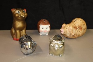 lot 200 image: MCM Mid-Century Pig Piggy Banks Silver Plate Pottery Brass Cast Ceramic Bisque