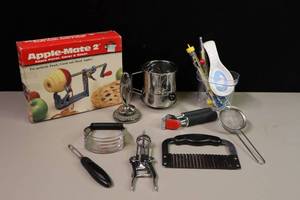 lot 220 image: Apple-Mate 2 Apple Peeler, Variety Kitchen Utensils, Candy Oil Thermometers, Sifter Etc.