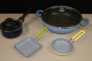 lot 228 image: 5-Inch GreenPan SquareRound, Paula Deen Porcelain Stovetop Wok 22-Inch Covered Pan, Megaware 1-Qt. Rondine Italy