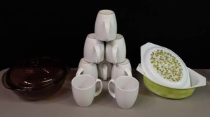 lot 242 image: Vintage Pyrex Verde Casserole LID(mint) Bowl Faded Berry Olive 945C16, Corelle China Coffee Tea Cups, 2Qt Pyrex Amethyst Covered Casserole Bowl