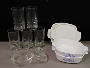 lot 243 image: Anchor Hocking Clear Plaid Pattern Water Glasses, Mini 6-Inch Covered Casserole, 2-1 Quart Corning-Ware Covered Casserole Cornflower
