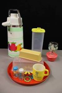 lot 250 image: MCM Mid-Century Modern Kitchen Essentials Velveeta Cheese Butter Thermos Carafe Etc