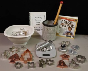 lot 252 image: Vintage Cookie Cutters, Pottery Utensil Jar, Nordic-Ware Squround Serving Bowl, Cook Book Etc